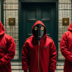 스페인어 드라마 추천 - La Casa de Papel (Money Heist)**
A group of masked figures in iconic red jumpsuits, wearing Salvador...