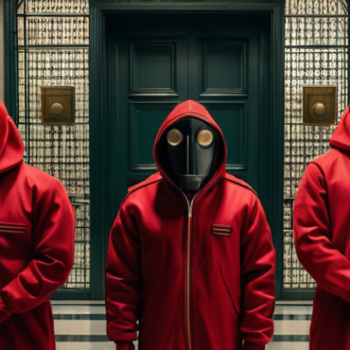 스페인어 드라마 추천 - La Casa de Papel (Money Heist)**
A group of masked figures in iconic red jumpsuits, wearing Salvador...