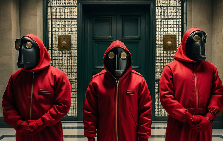 스페인어 드라마 추천 - La Casa de Papel (Money Heist)**
A group of masked figures in iconic red jumpsuits, wearing Salvador...